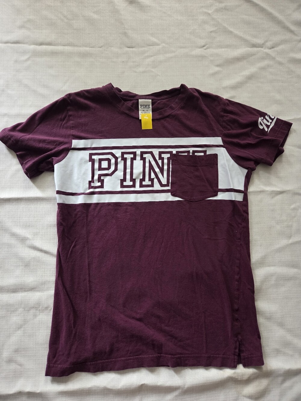 PINK Victoria's Secret Maroon Short-Sleeve Pocket Tee with White Stripe, Xs